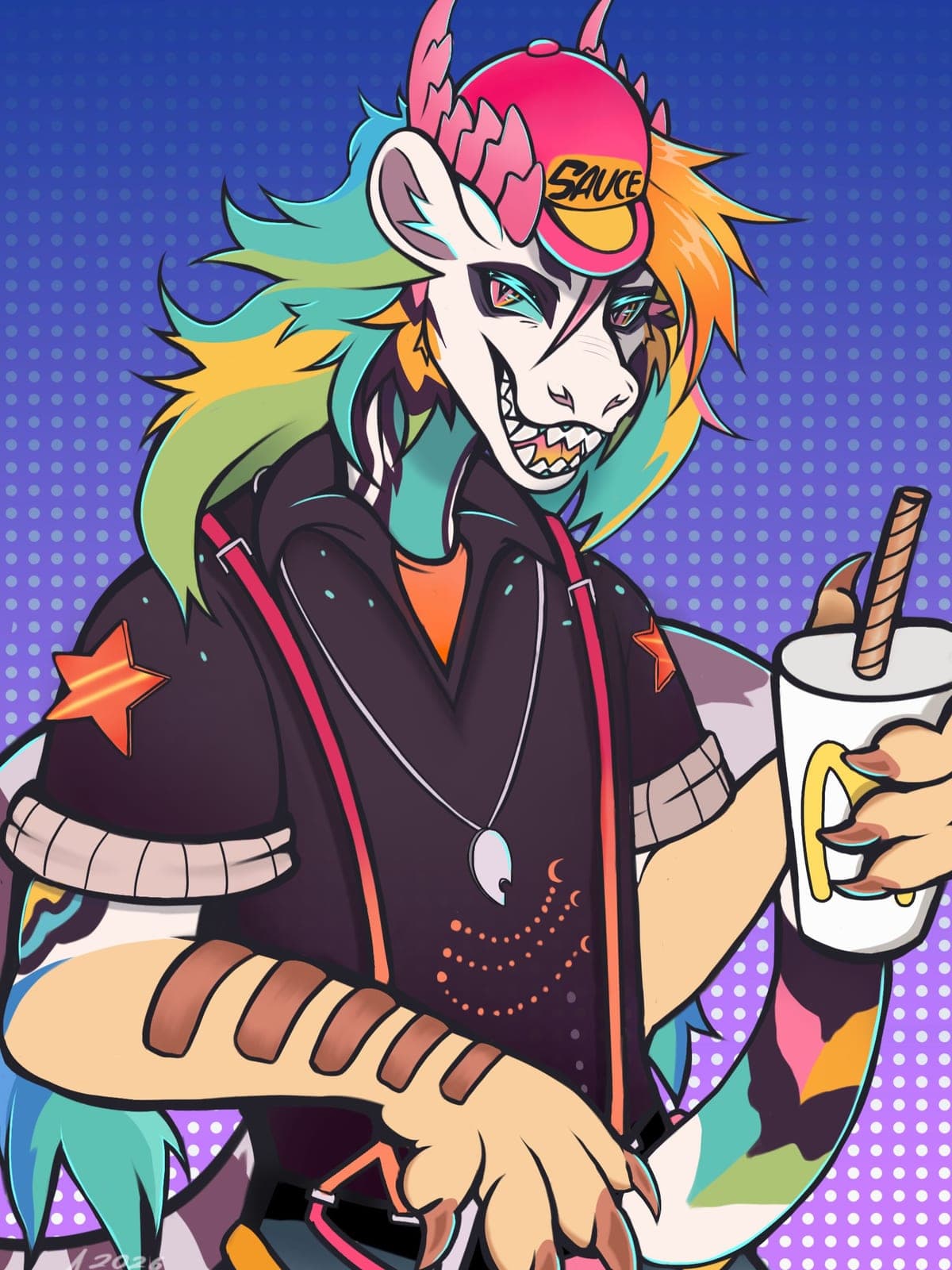 Rainbow-maned dragon in a pink 'Sauce' cap sipping an iced drink, purple halftone background.