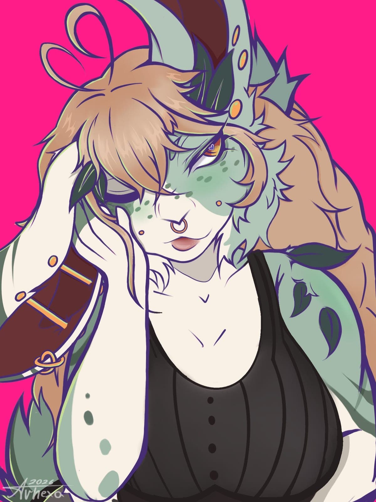 Green bunny girl with brown hair, freckles and a nose ring resting a hand on her cheek, hot pink background.
