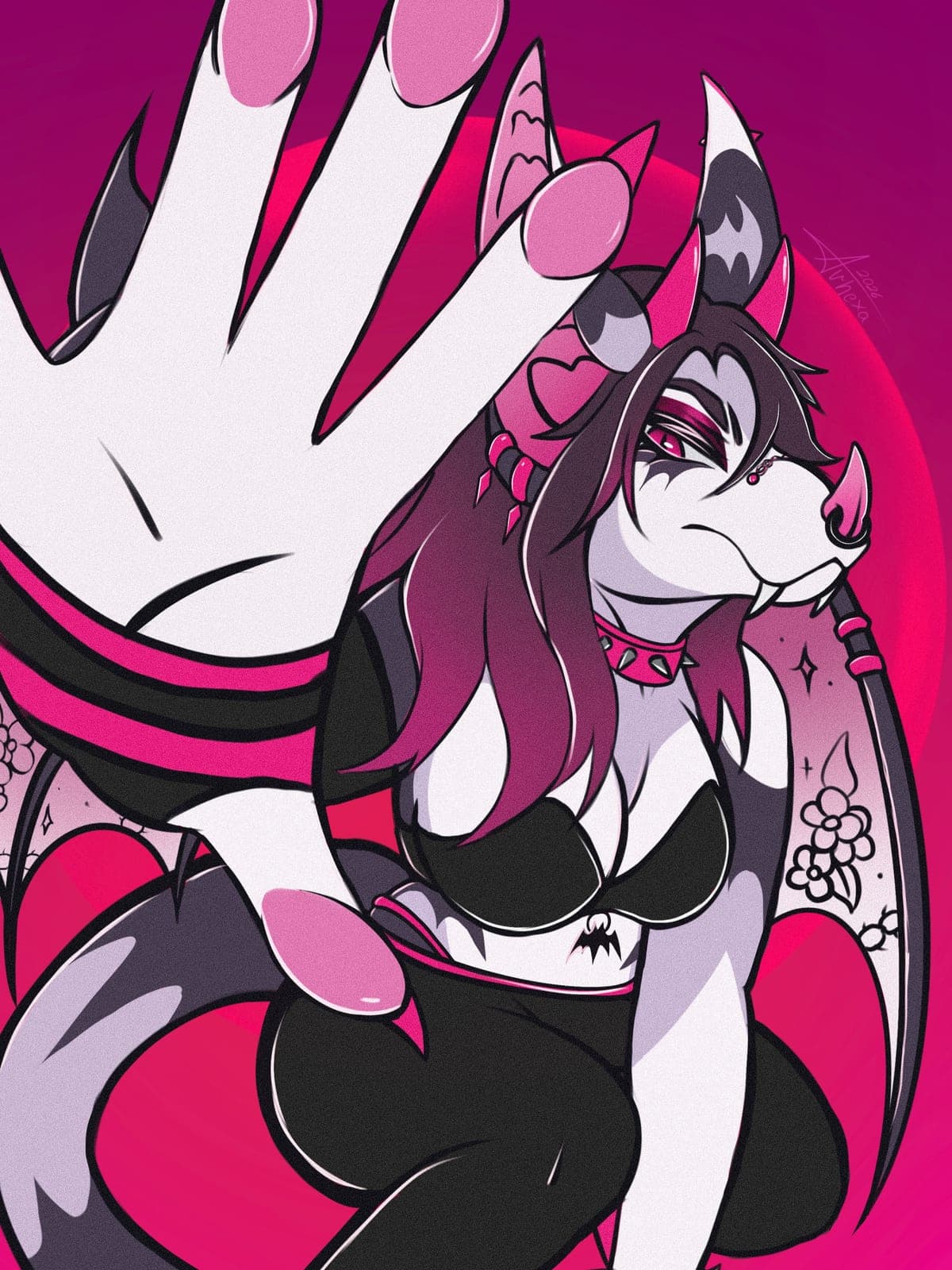 White and pink bat girl reaching toward the viewer with a clawed hand, crimson moon background.