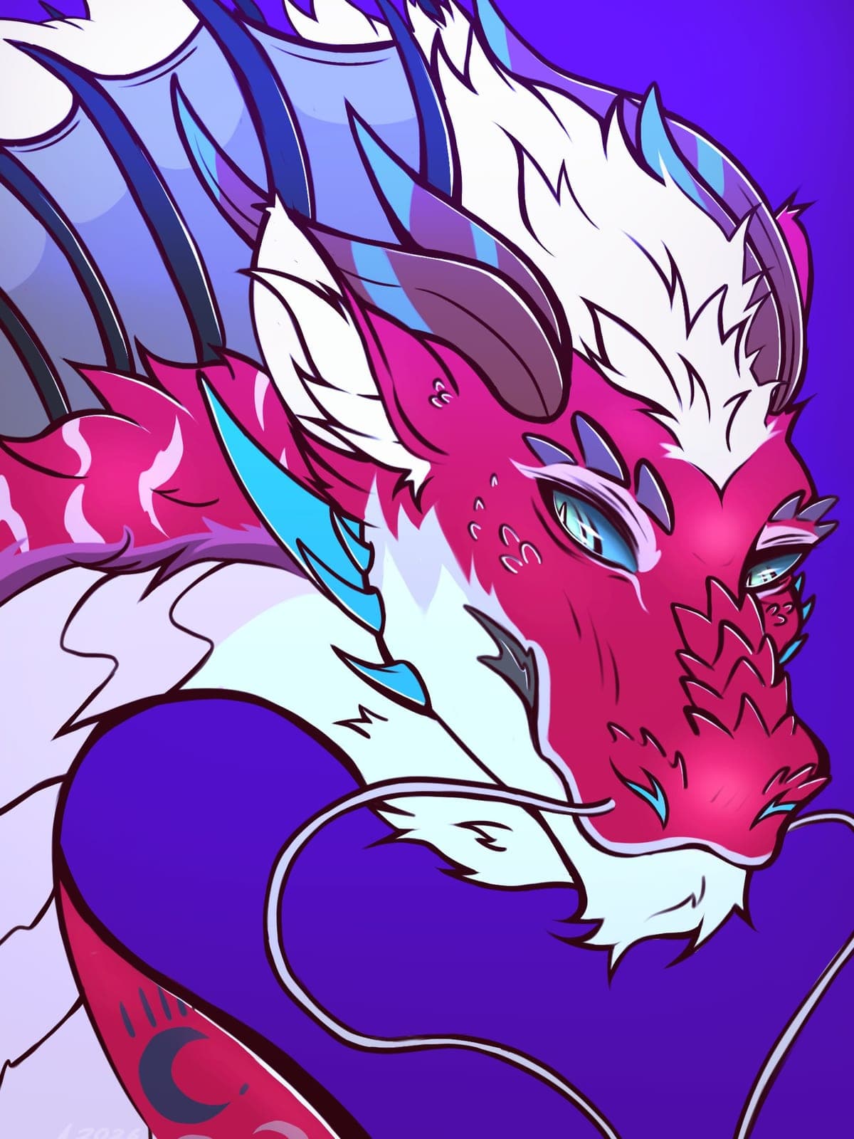 Crimson dragon with a white mane and blue-striped horns coiling across a violet background.