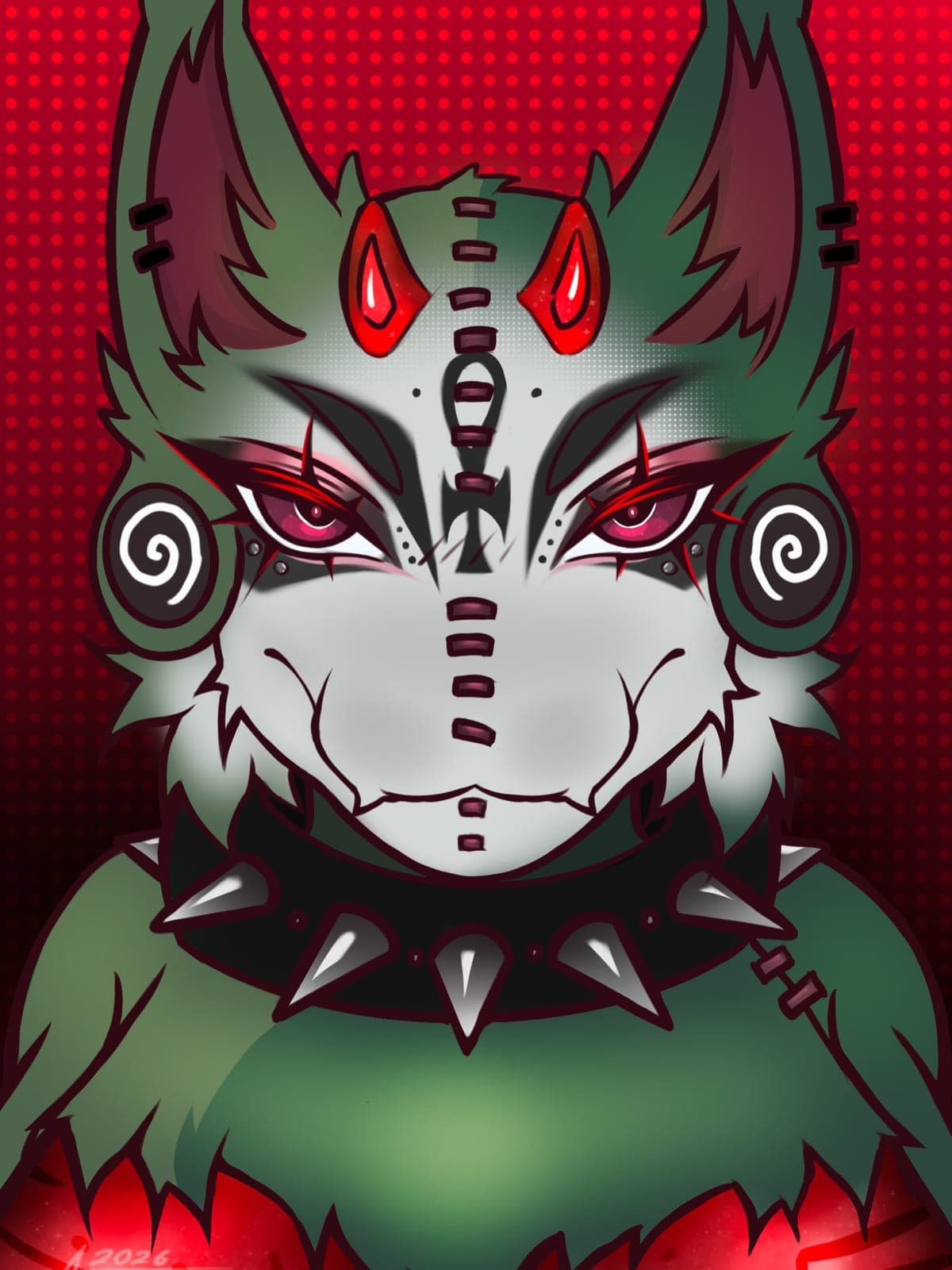 Green and red monster facing the viewer with hypnotic spiral ears, glowing horns and a spiked collar.