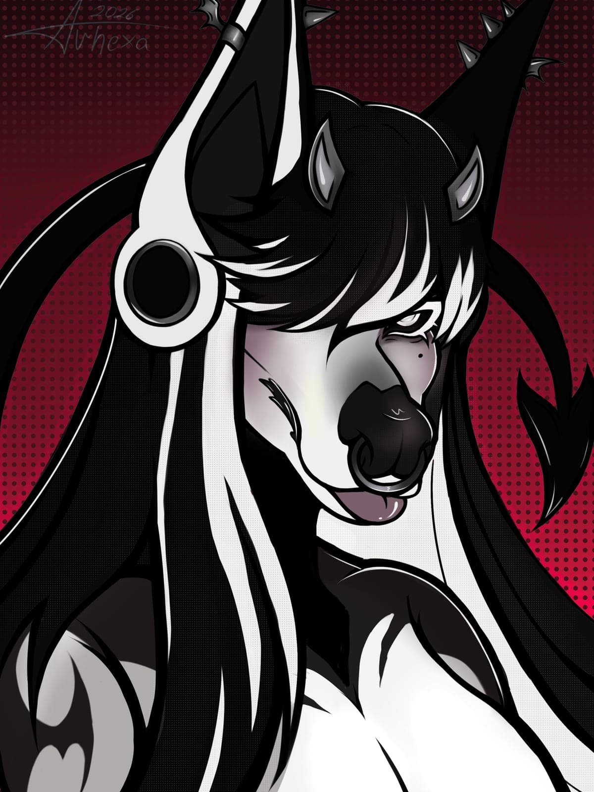 Black-and-white dog with spiked horns and a nose ring, monochrome with red halftone accents.