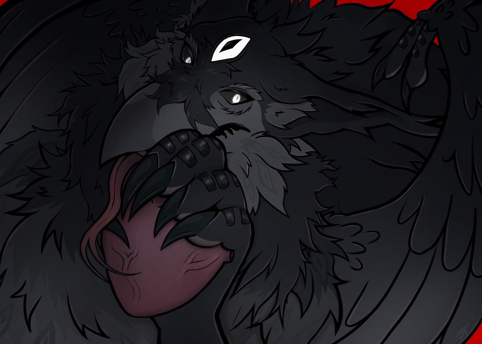Massive black feathered creature with a pale third eye looming in darkness, claws wrapped around a crimson face.