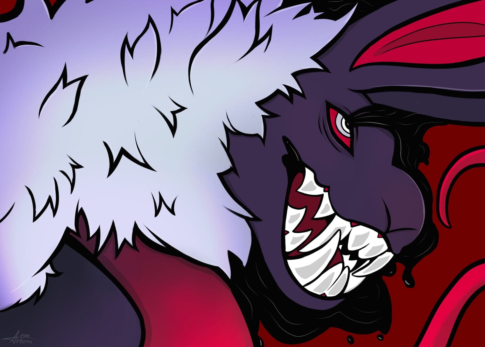 Purple-black rabbit with a white fluffy mane and red ears baring sharp teeth.