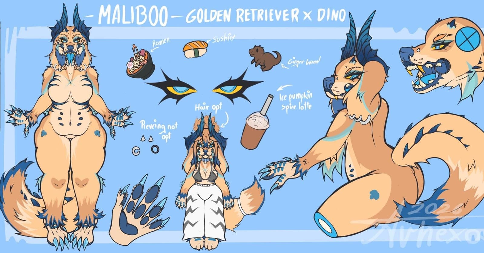 Reference sheet of Maliboo, a golden retriever and dino hybrid in cream and blue, with chibi and expression views.