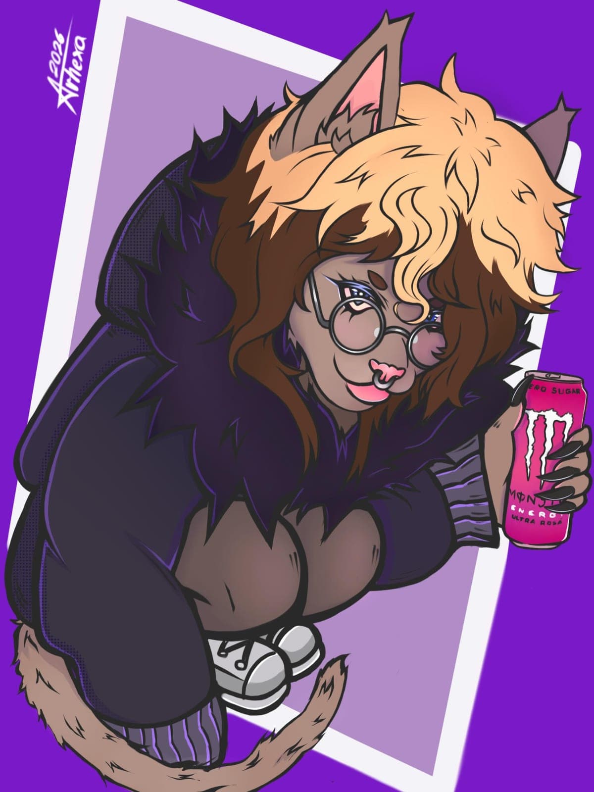 Brown cat girl in round glasses and a fur-trimmed jacket holding a pink energy drink, purple background.