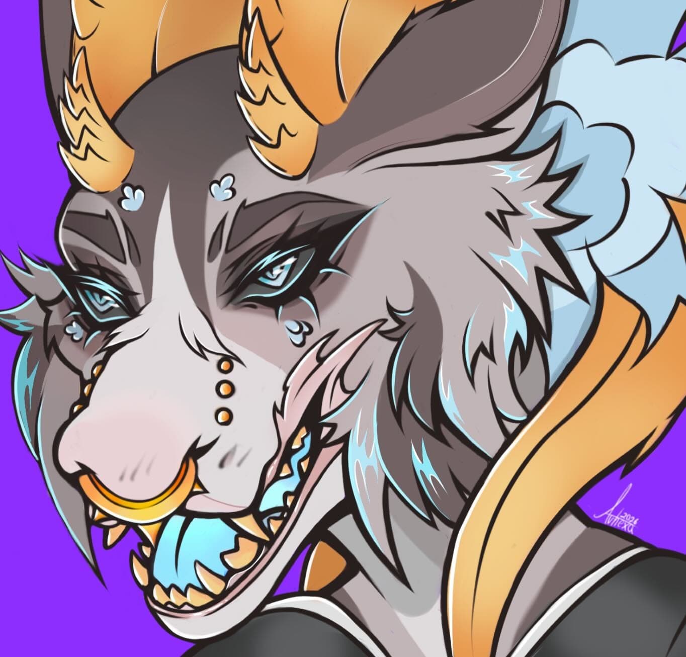 Grey dragon with sweeping golden horns, gold piercings and icy blue accents, violet background.