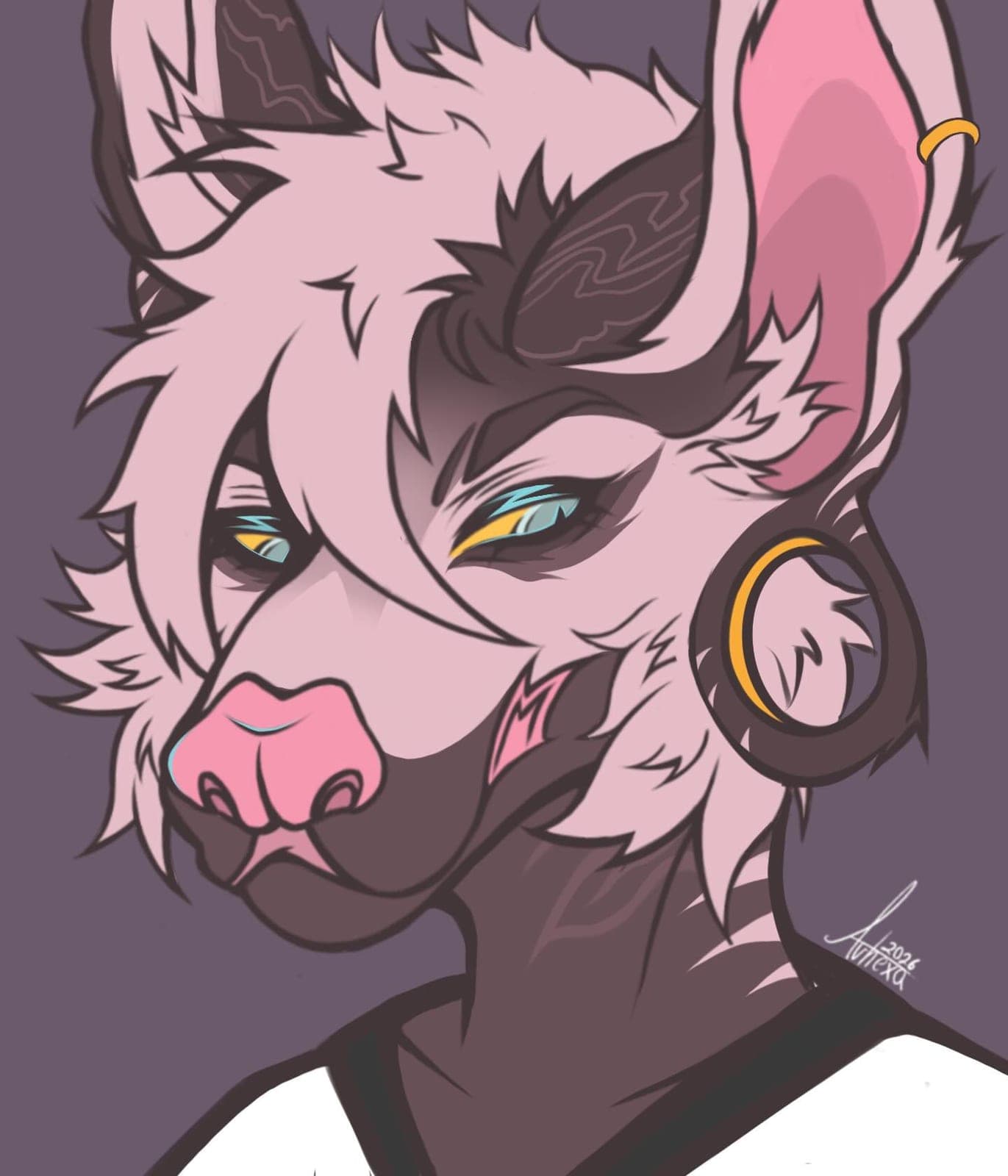 Flat-color icon of a dusty pink creature with dark mask markings and gold hoop earrings.