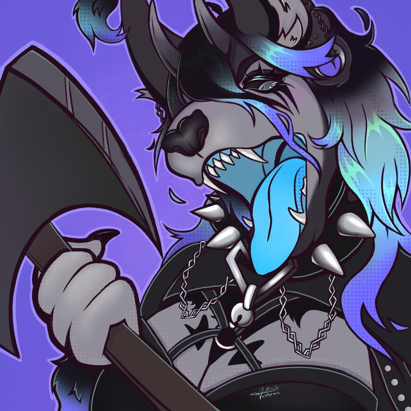 White and blue dragon with an axe, spiked collar and silver chains, purple background.