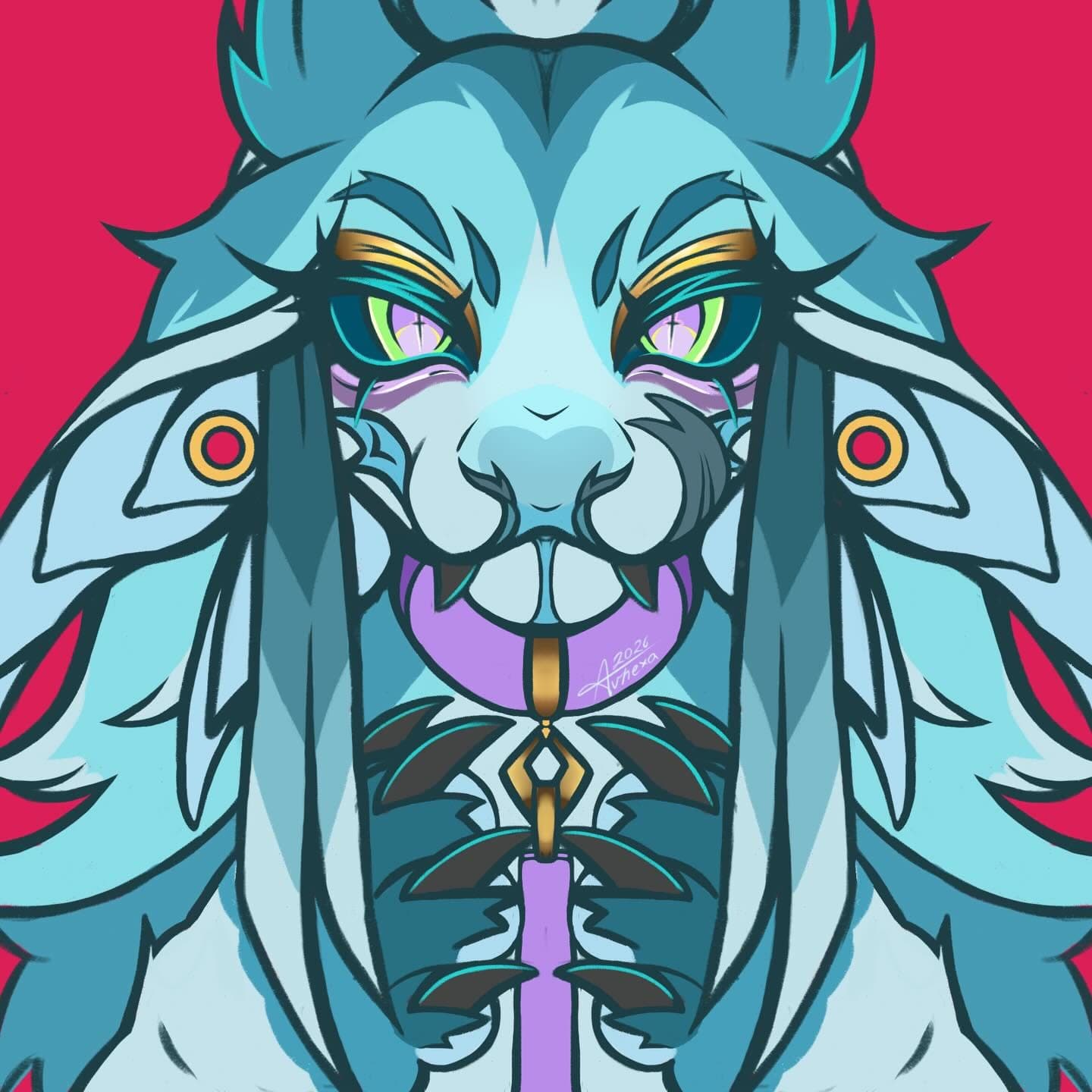 Icy blue monster with a wild mane, green and purple eyes and gold ear rings, crimson background.