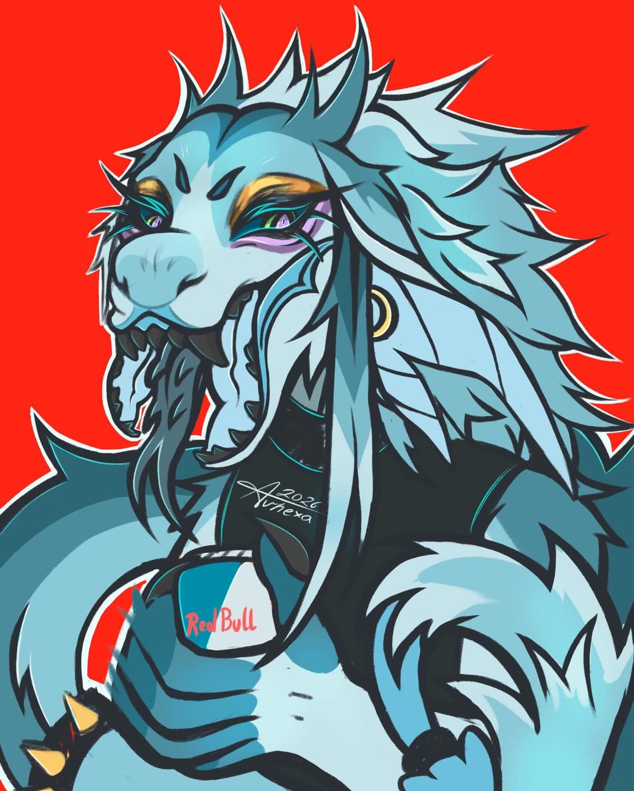 Fluffy ice-blue monster with a spiky mane holding a Red Bull can, red background.
