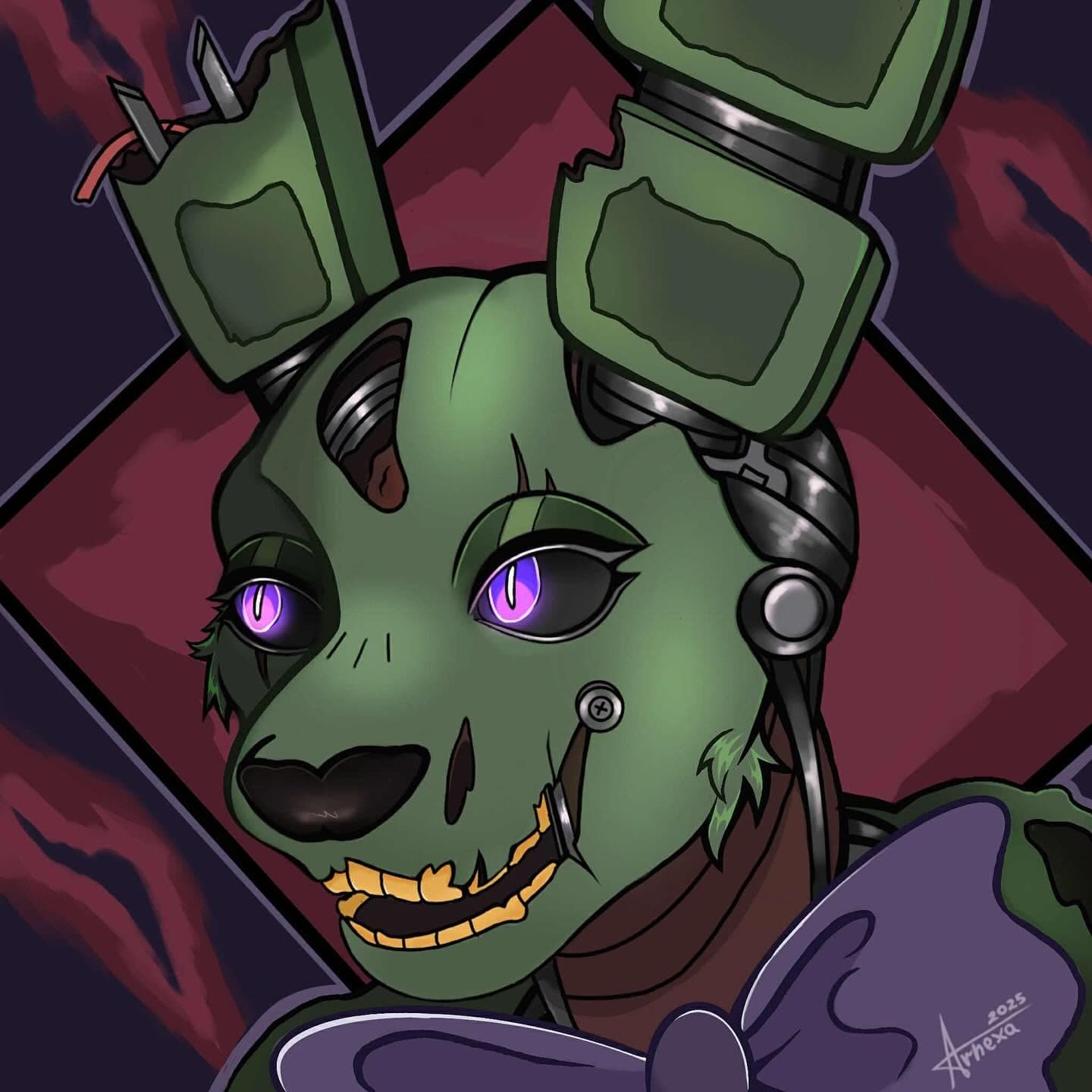 Green animatronic rabbit with torn ears, glowing purple eyes and a purple bow.