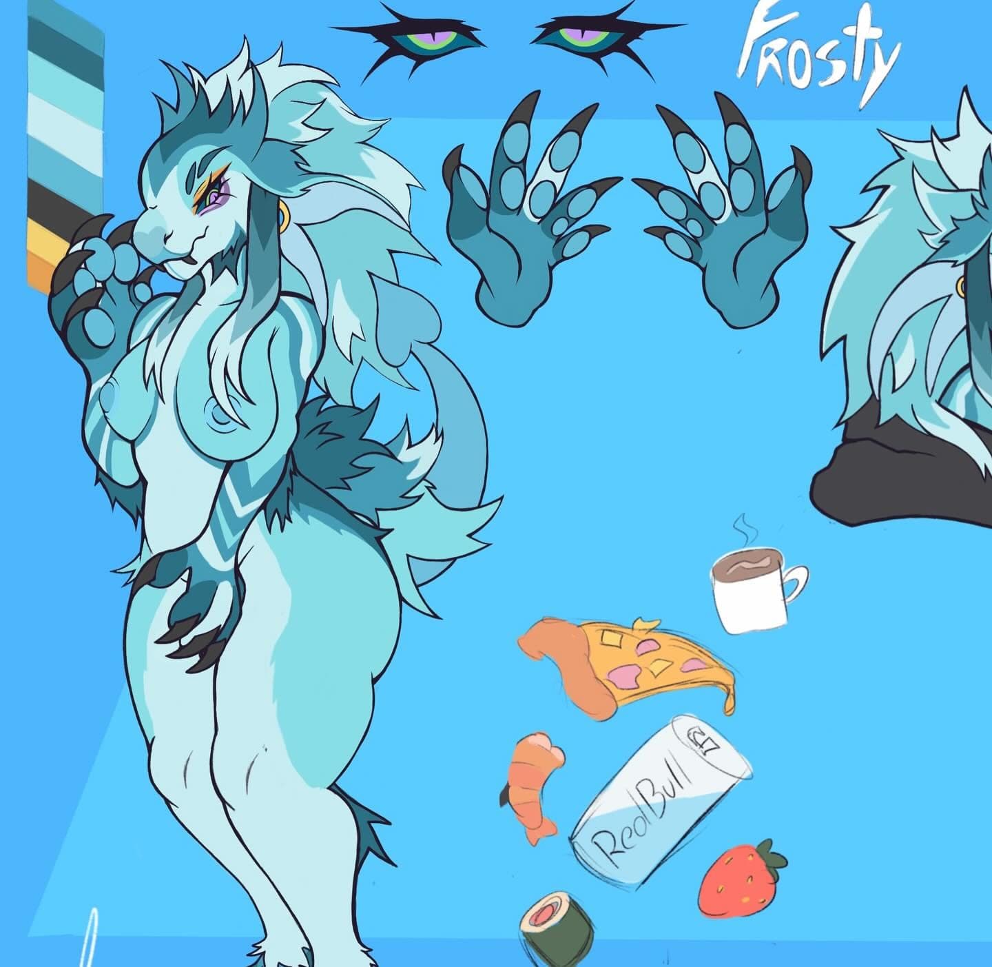 Reference sheet of Frosty, an ice-blue Yutyrannus monster, with eye, paw and outfit details. Contains artistic nudity.