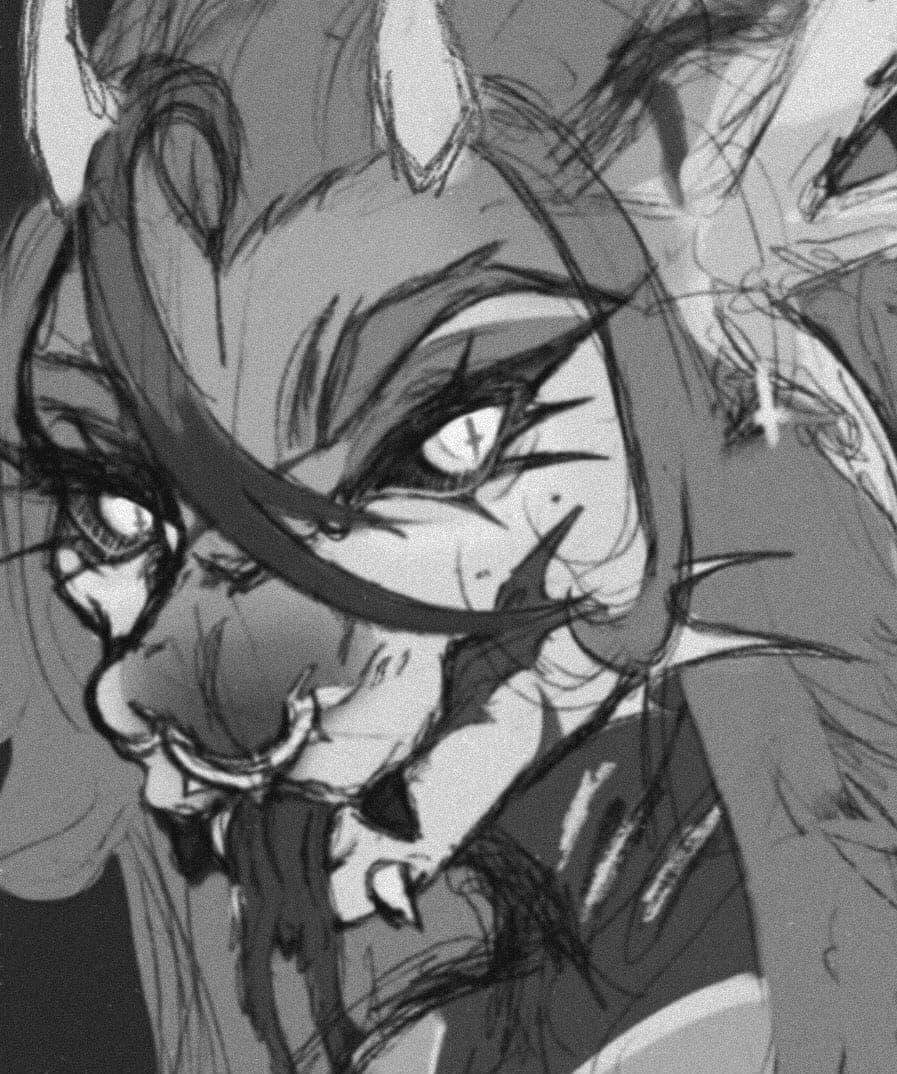 Monochrome sketch of a horned character with a nose ring and pierced claws, close up.